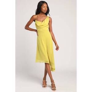 Lulus Take A Chance On Romance Lime Green Swiss Dot Asymmetrical Dress - Size M